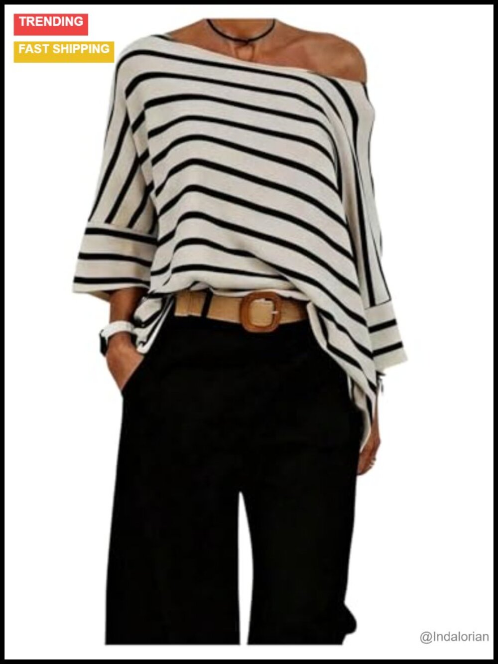 Womens Striped Off Shoulder Top 3/4 Sleeve Asymmetrical T-Shirt Fall Spring